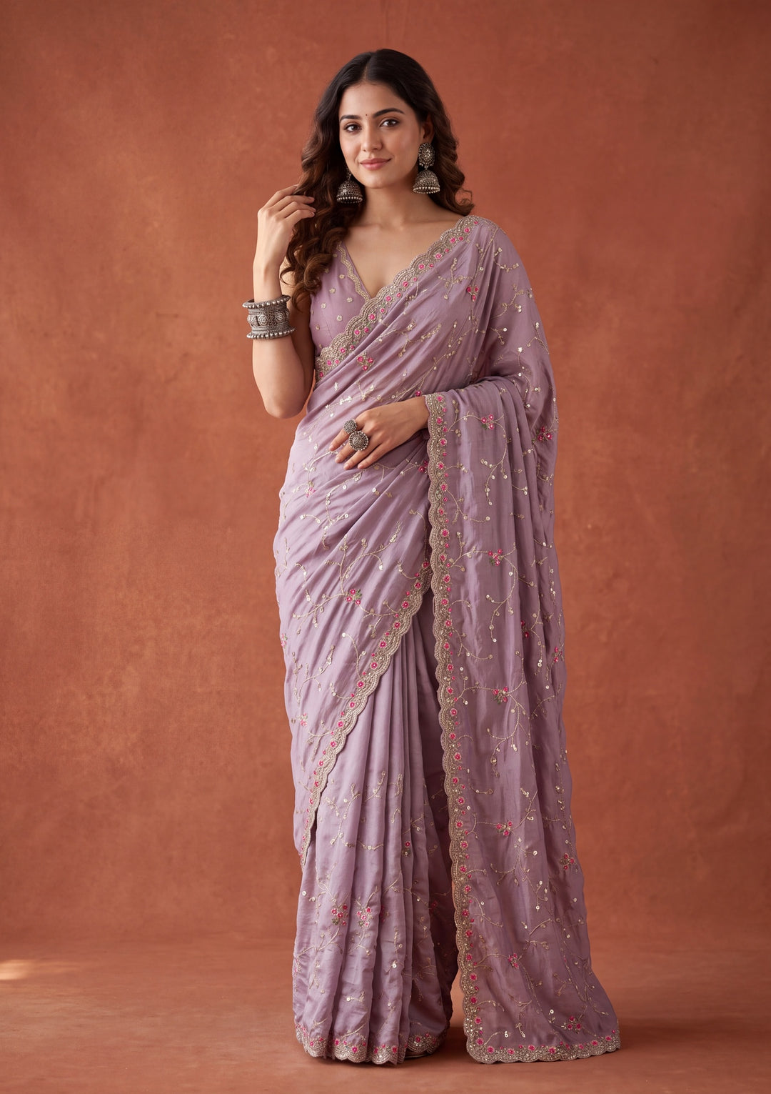 Lavender Soft Raw Silk Threadwork Saree With Matching Blouse Piece