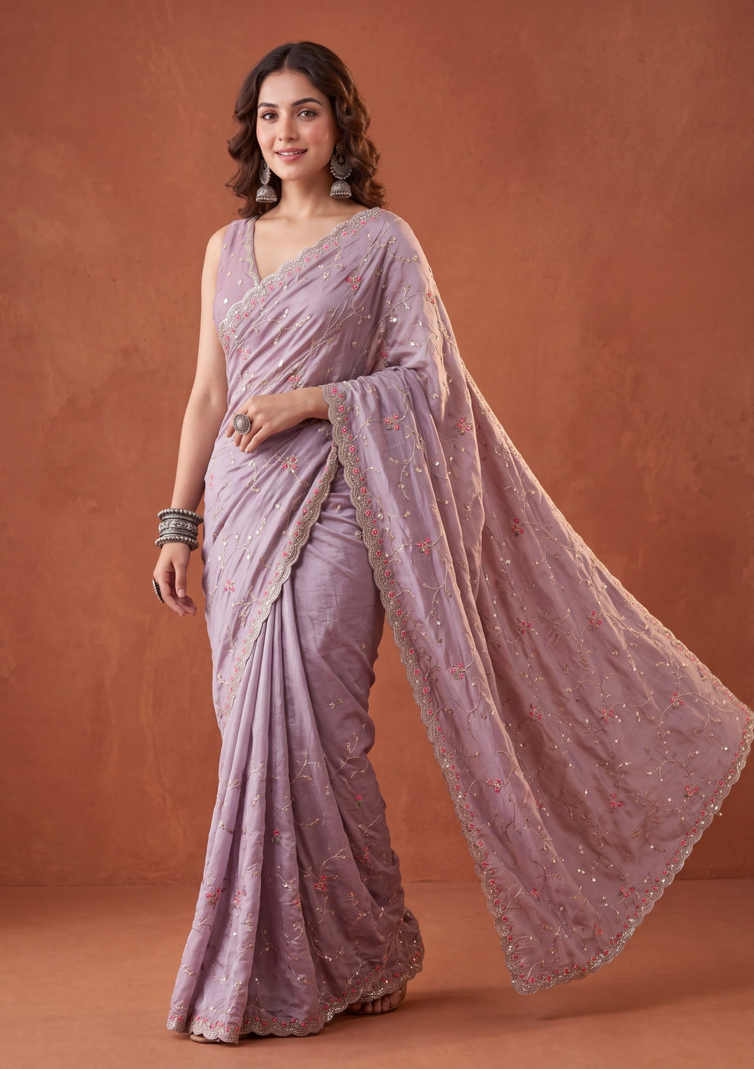 Lavender Soft Raw Silk Threadwork Saree With Matching Blouse Piece