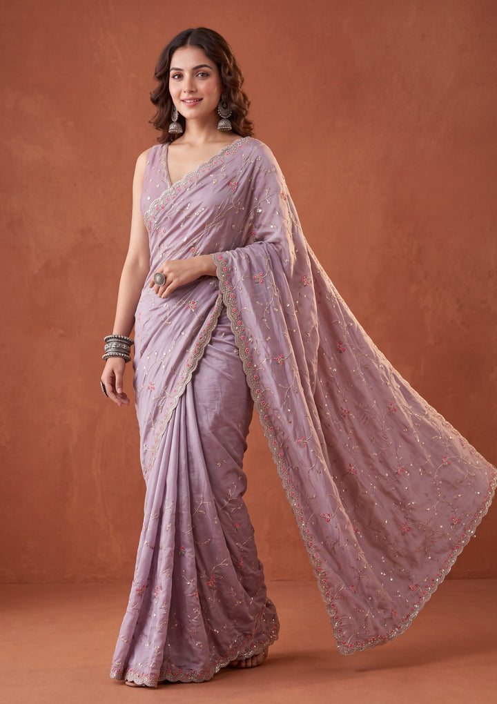 Lavender Soft Raw Silk Threadwork Saree With Matching Blouse Piece