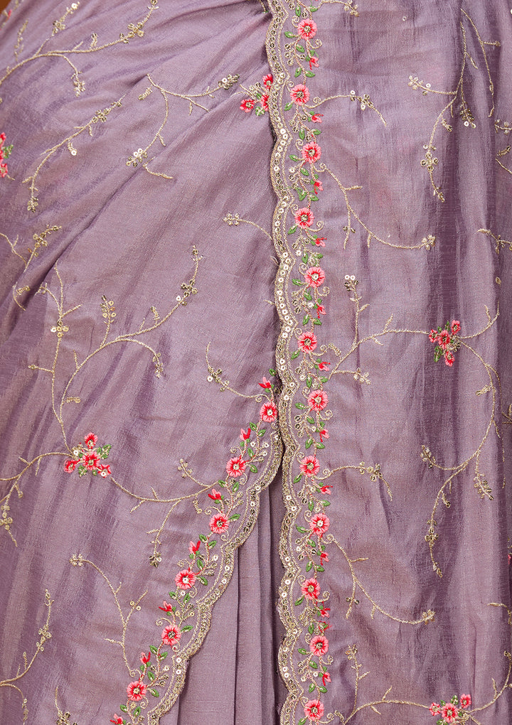 Lavender Soft Raw Silk Threadwork Saree With Matching Blouse Piece