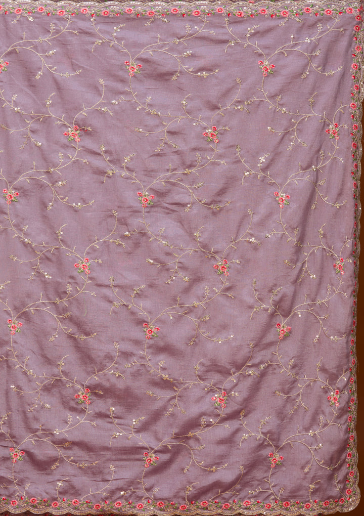 Lavender Soft Raw Silk Threadwork Saree With Matching Blouse Piece