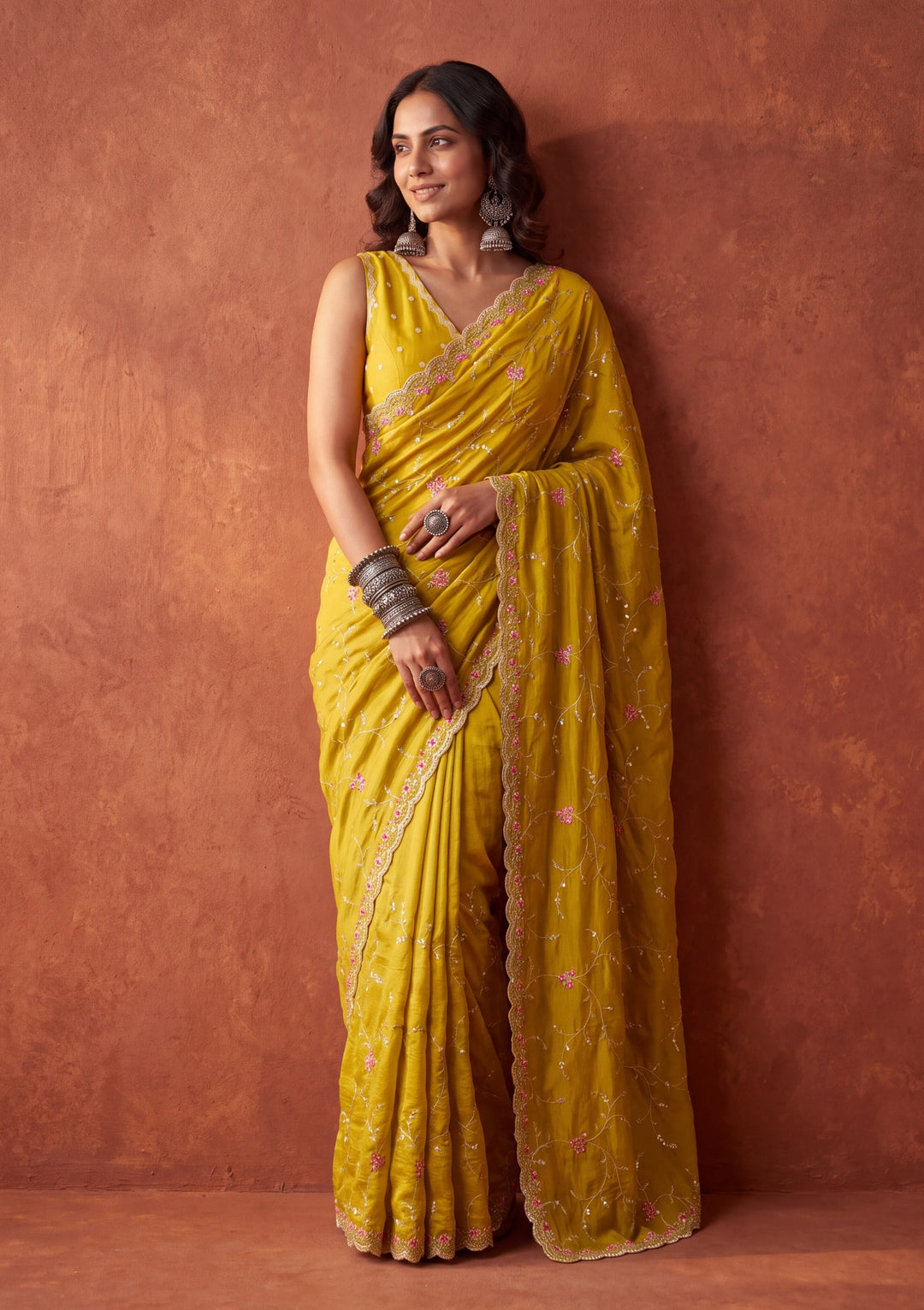 Mustard Yellow Soft Raw Silk Threadwork Saree With Matching Blouse Piece