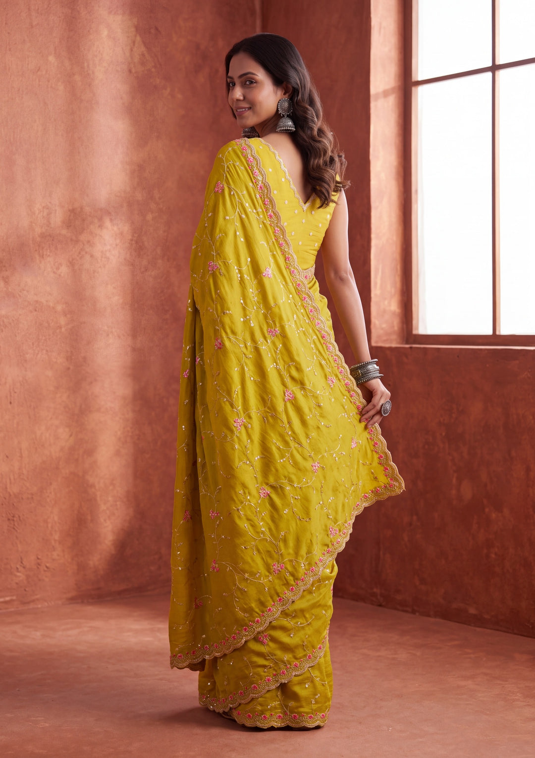 Mustard Yellow Soft Raw Silk Threadwork Saree With Matching Blouse Piece