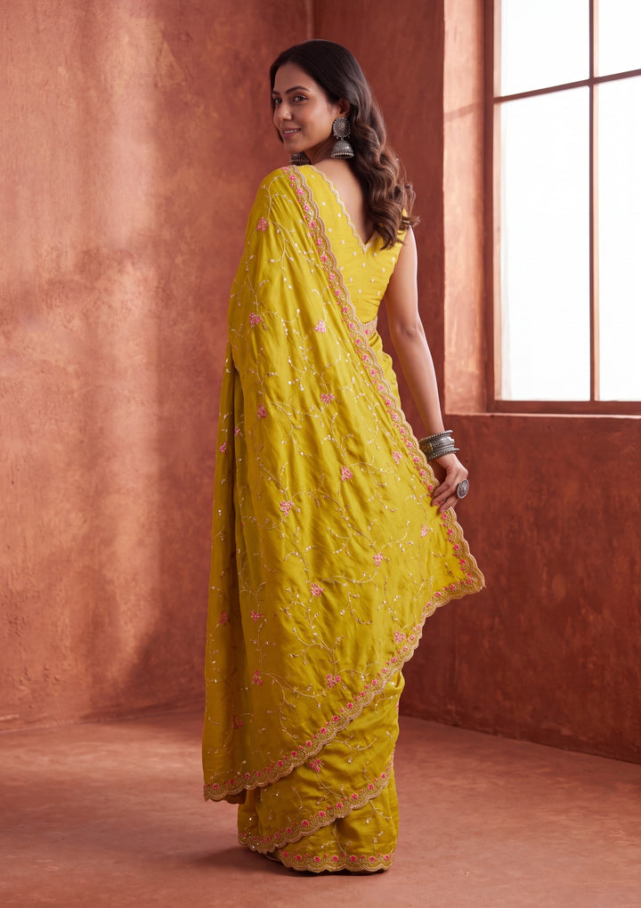 Mustard Yellow Soft Raw Silk Threadwork Saree With Matching Blouse Piece