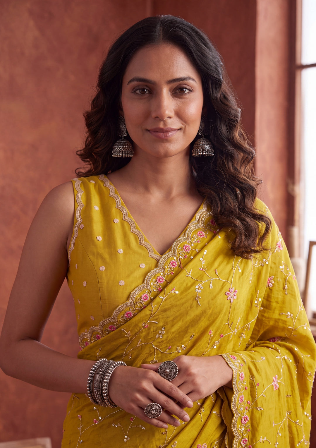 Mustard Yellow Soft Raw Silk Threadwork Saree With Matching Blouse Piece