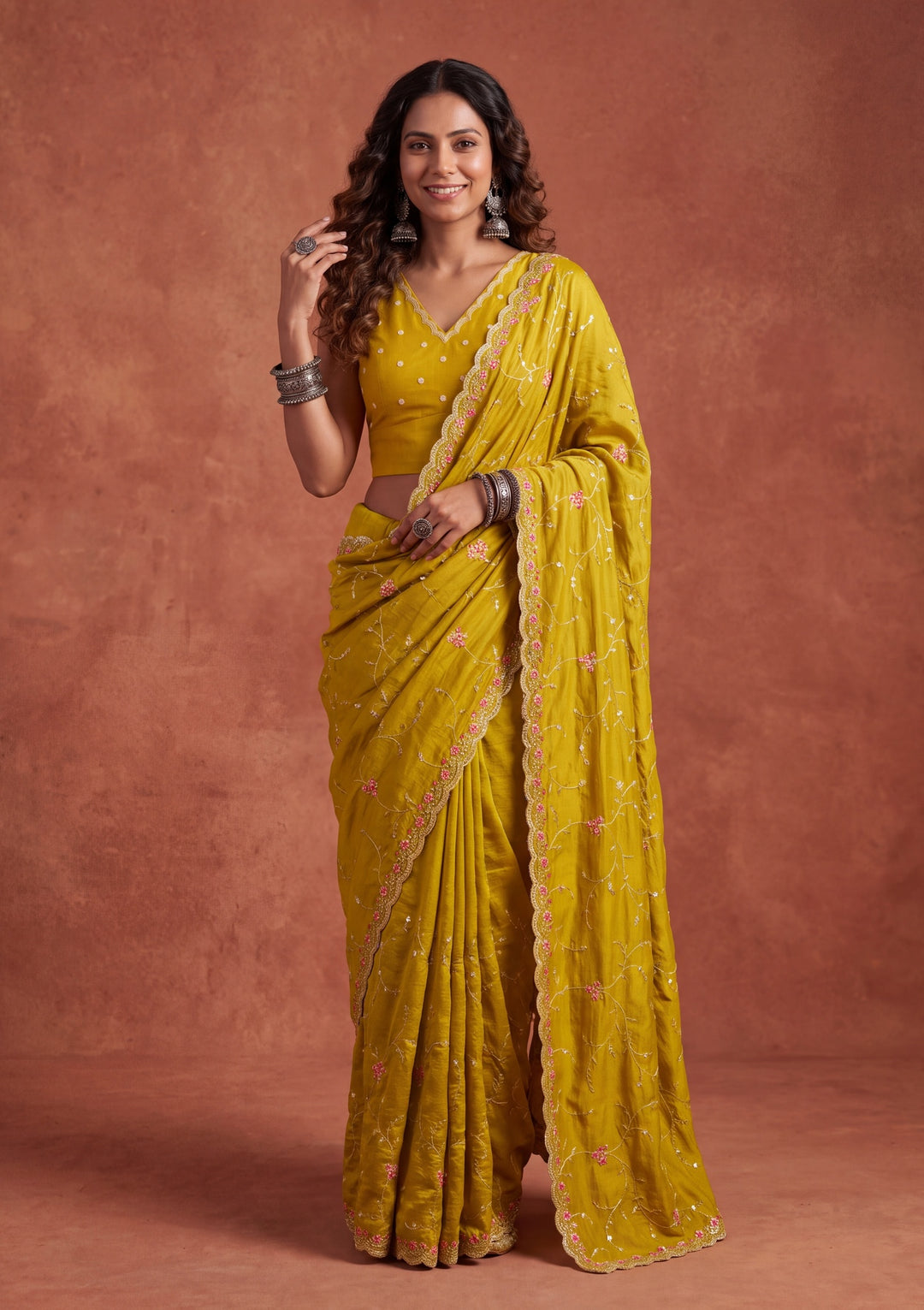 Mustard Yellow Soft Raw Silk Threadwork Saree With Matching Blouse Piece