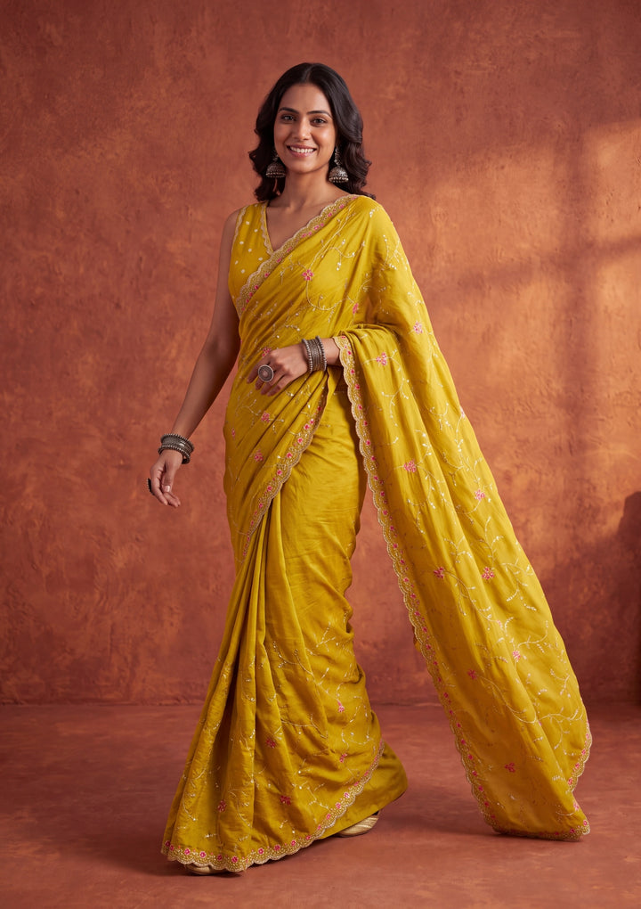 Mustard Yellow Soft Raw Silk Threadwork Saree With Matching Blouse Piece