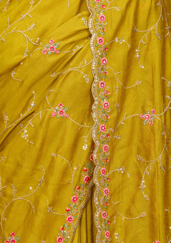 Mustard Yellow Soft Raw Silk Threadwork Saree With Matching Blouse Piece