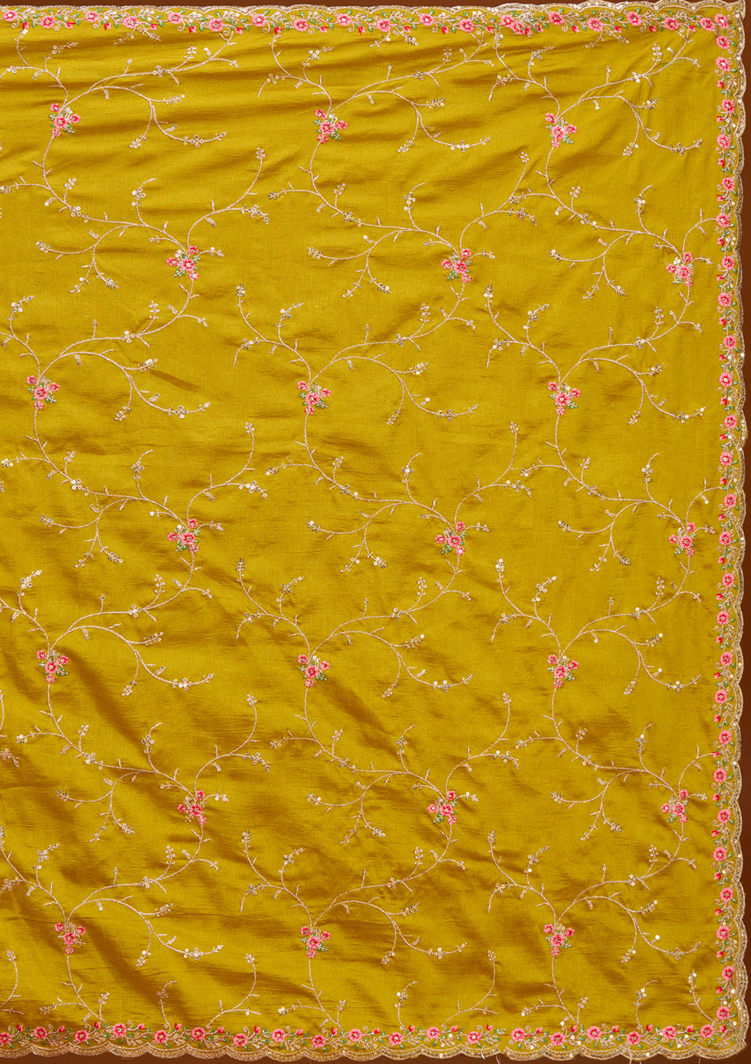 Mustard Yellow Soft Raw Silk Threadwork Saree With Matching Blouse Piece