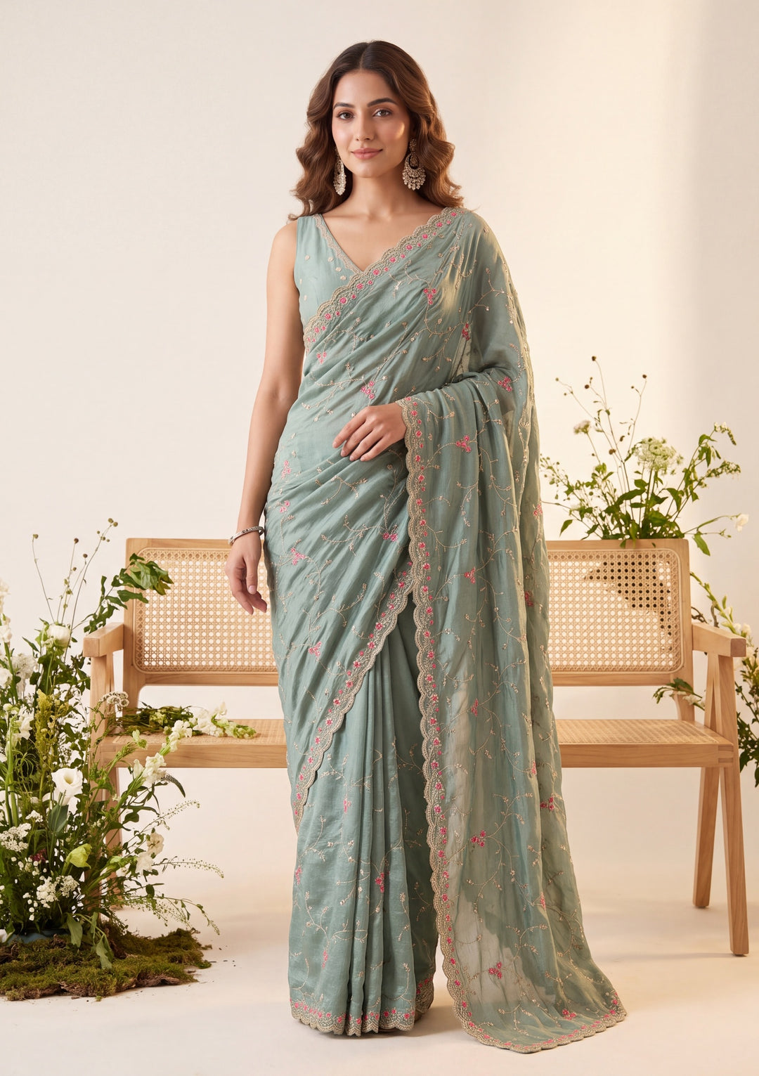 Sea Green Soft Raw Silk Threadwork Saree With Matching Blouse Piece