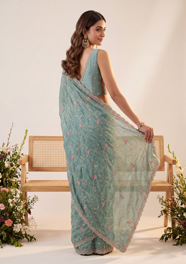 Sea Green Soft Raw Silk Threadwork Saree With Matching Blouse Piece