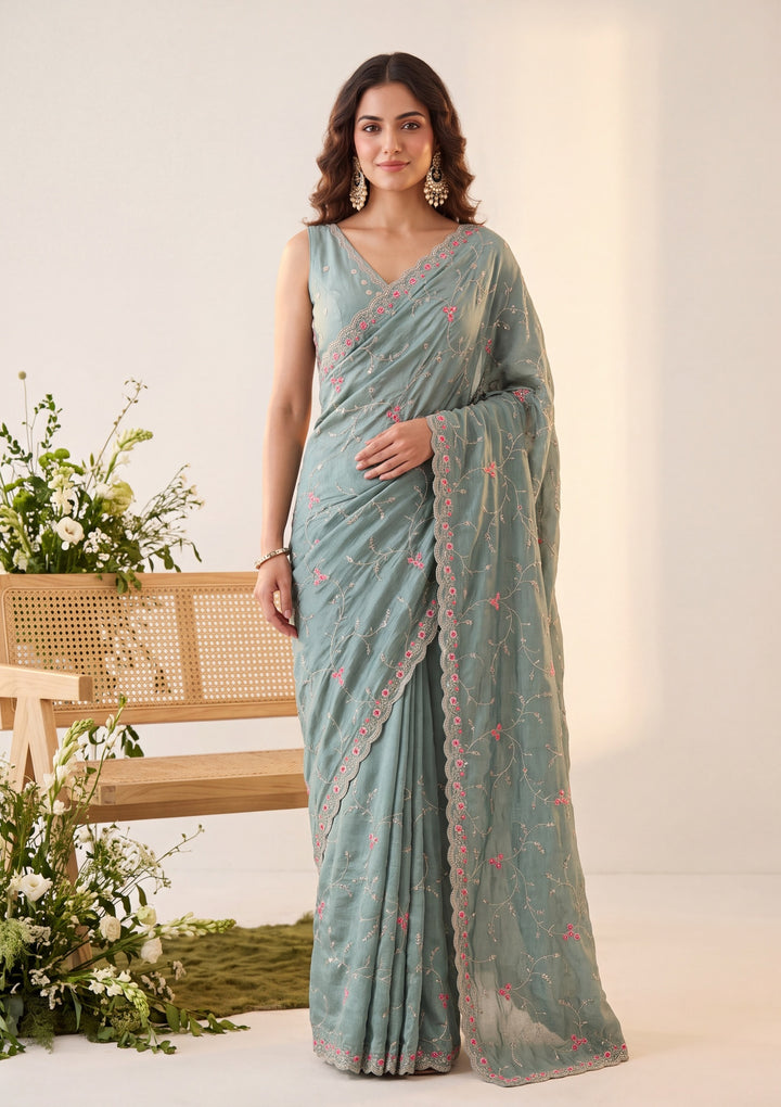 Sea Green Soft Raw Silk Threadwork Saree With Matching Blouse Piece