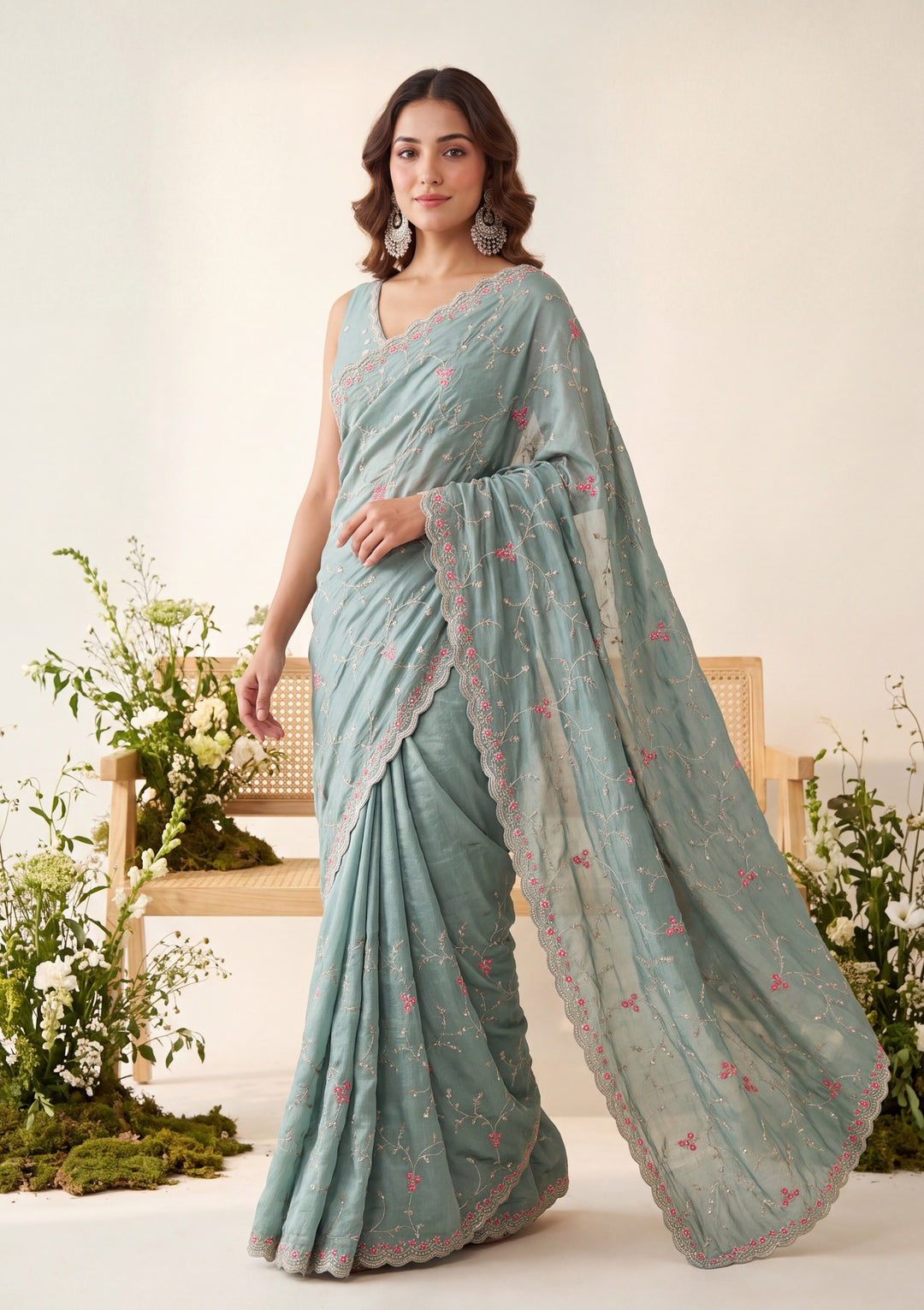 Sea Green Soft Raw Silk Threadwork Saree With Matching Blouse Piece
