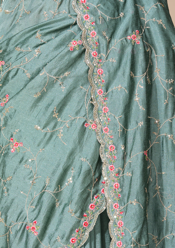Sea Green Soft Raw Silk Threadwork Saree With Matching Blouse Piece