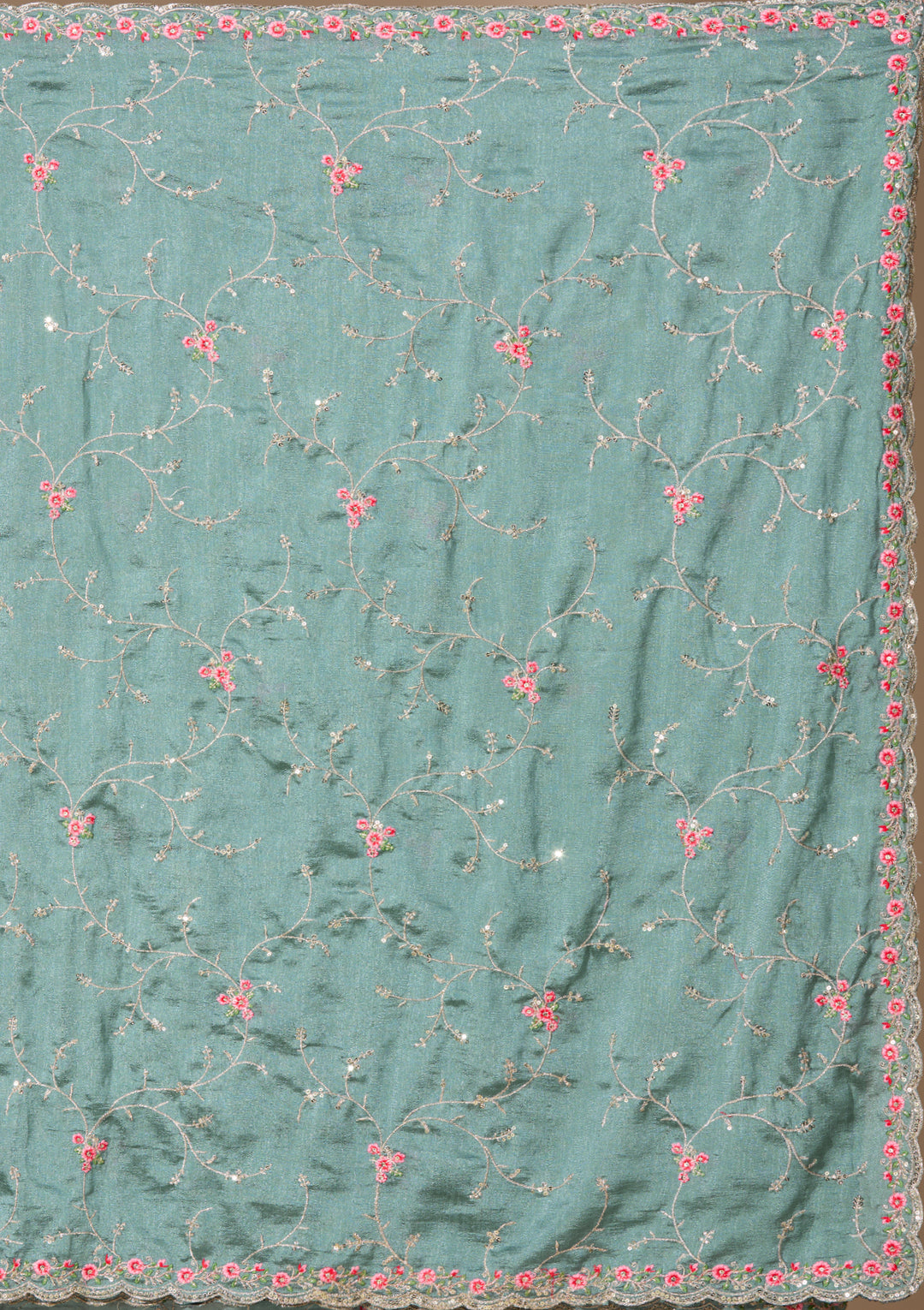 Sea Green Soft Raw Silk Threadwork Saree With Matching Blouse Piece
