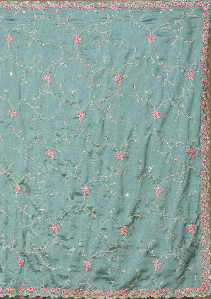 Sea Green Soft Raw Silk Threadwork Saree With Matching Blouse Piece