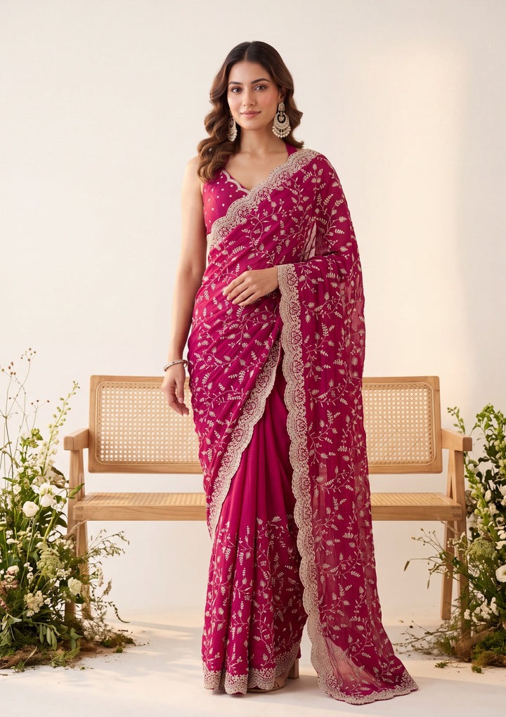 Magenta Pink Soft Raw Silk Sequins Saree With Matching Blouse Piece