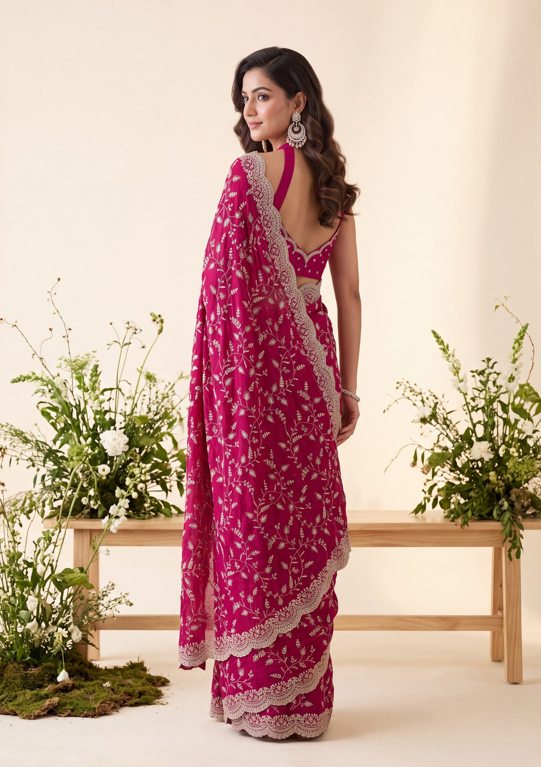 Magenta Pink Soft Raw Silk Sequins Saree With Matching Blouse Piece