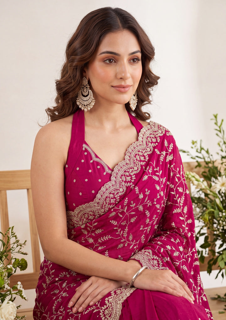 Magenta Pink Soft Raw Silk Sequins Saree With Matching Blouse Piece