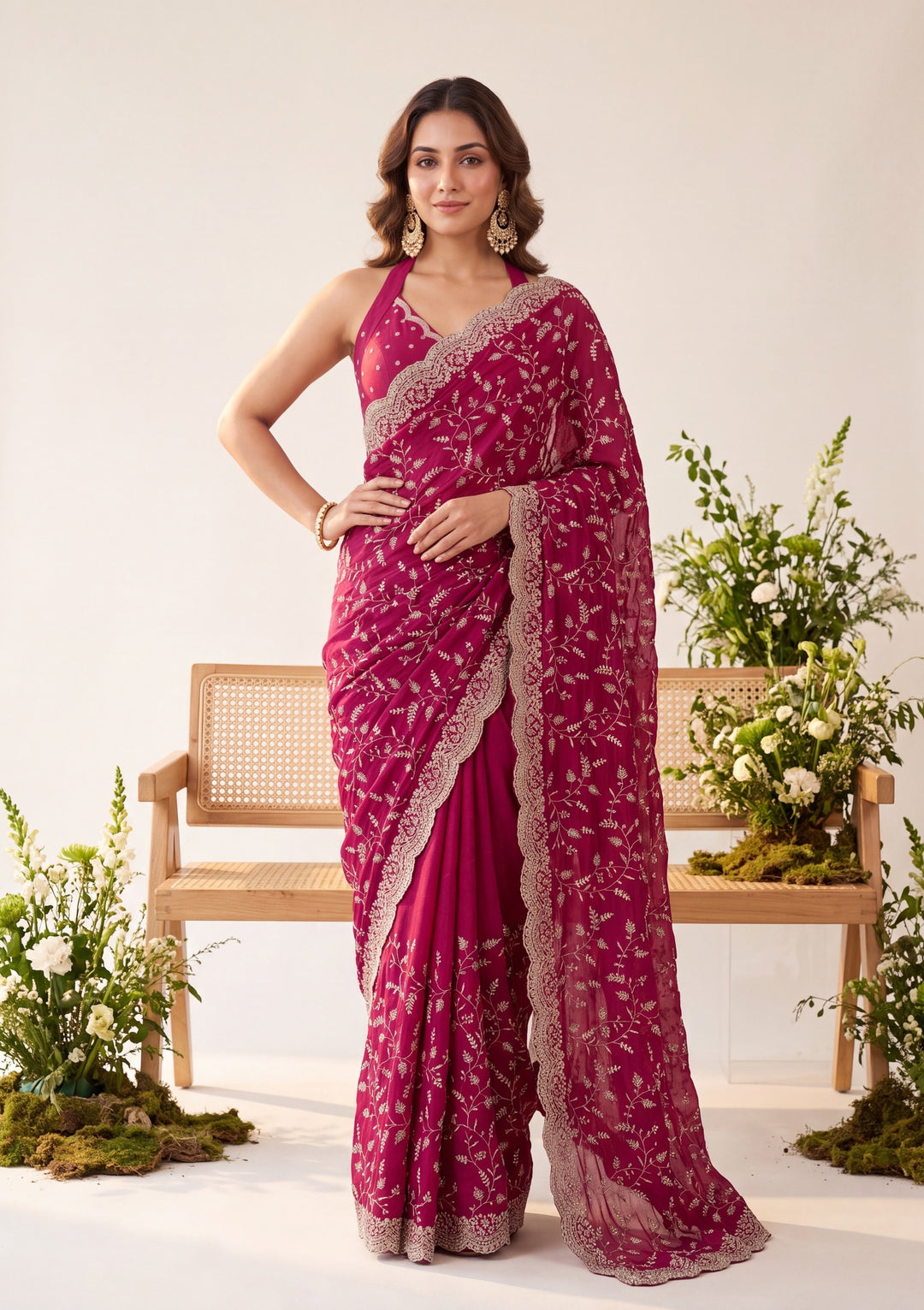 Magenta Pink Soft Raw Silk Sequins Saree With Matching Blouse Piece