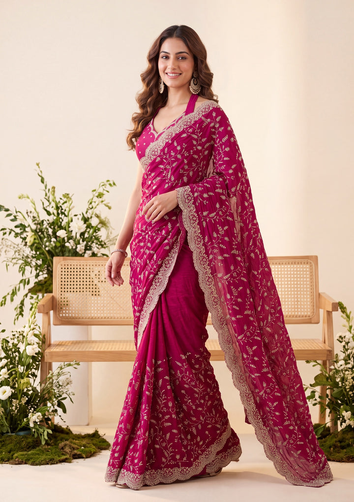 Magenta Pink Soft Raw Silk Sequins Saree With Matching Blouse Piece