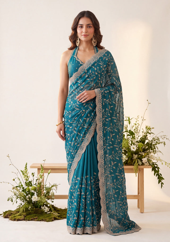 Royal Blue Soft Raw Silk Sequins Saree With Matching Blouse Piece
