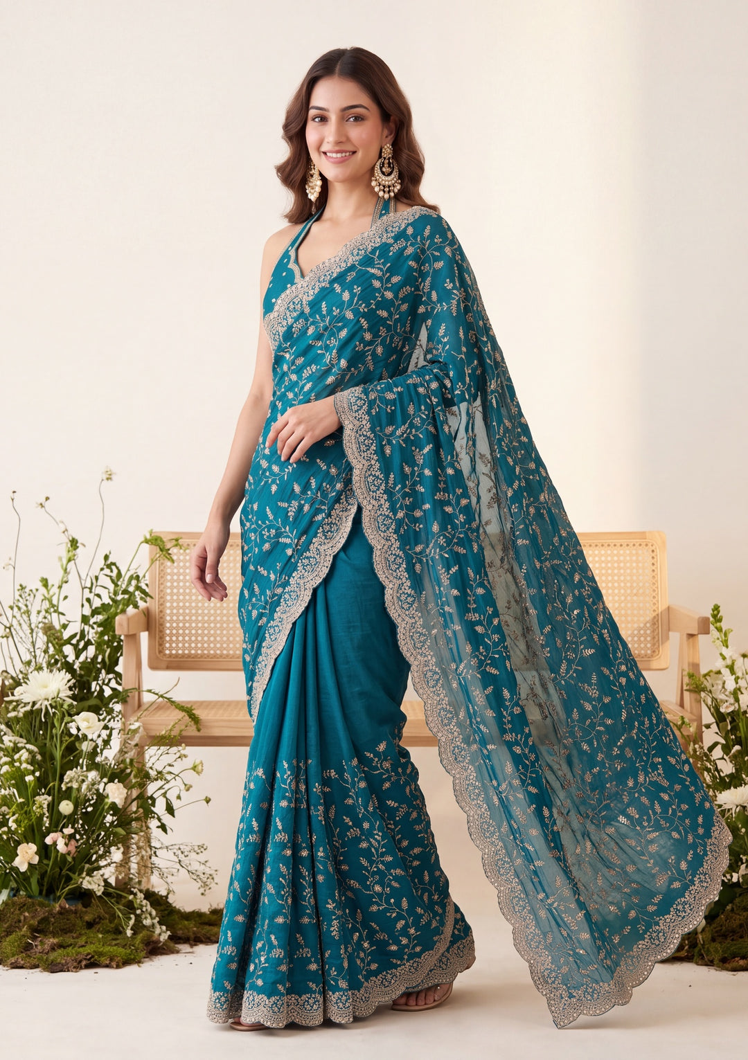 Royal Blue Soft Raw Silk Sequins Saree With Matching Blouse Piece