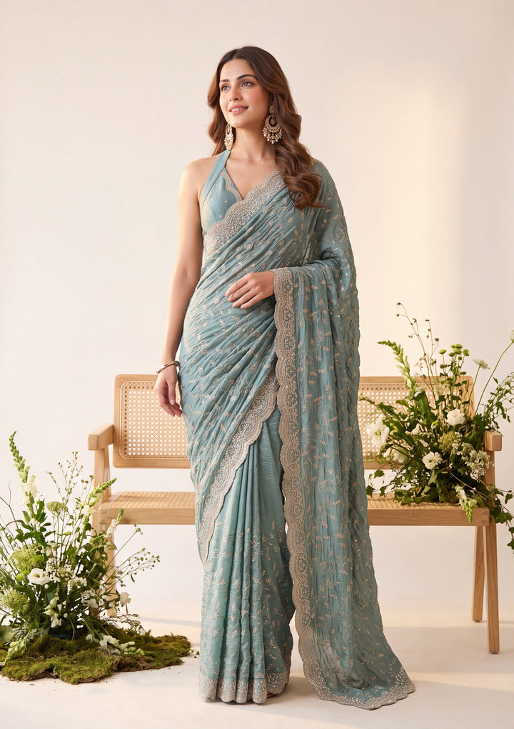 Sea Green Soft Raw Silk Sequins Saree With Matching Blouse Piece