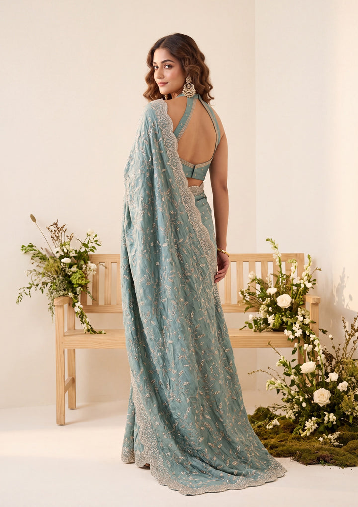 Sea Green Soft Raw Silk Sequins Saree With Matching Blouse Piece
