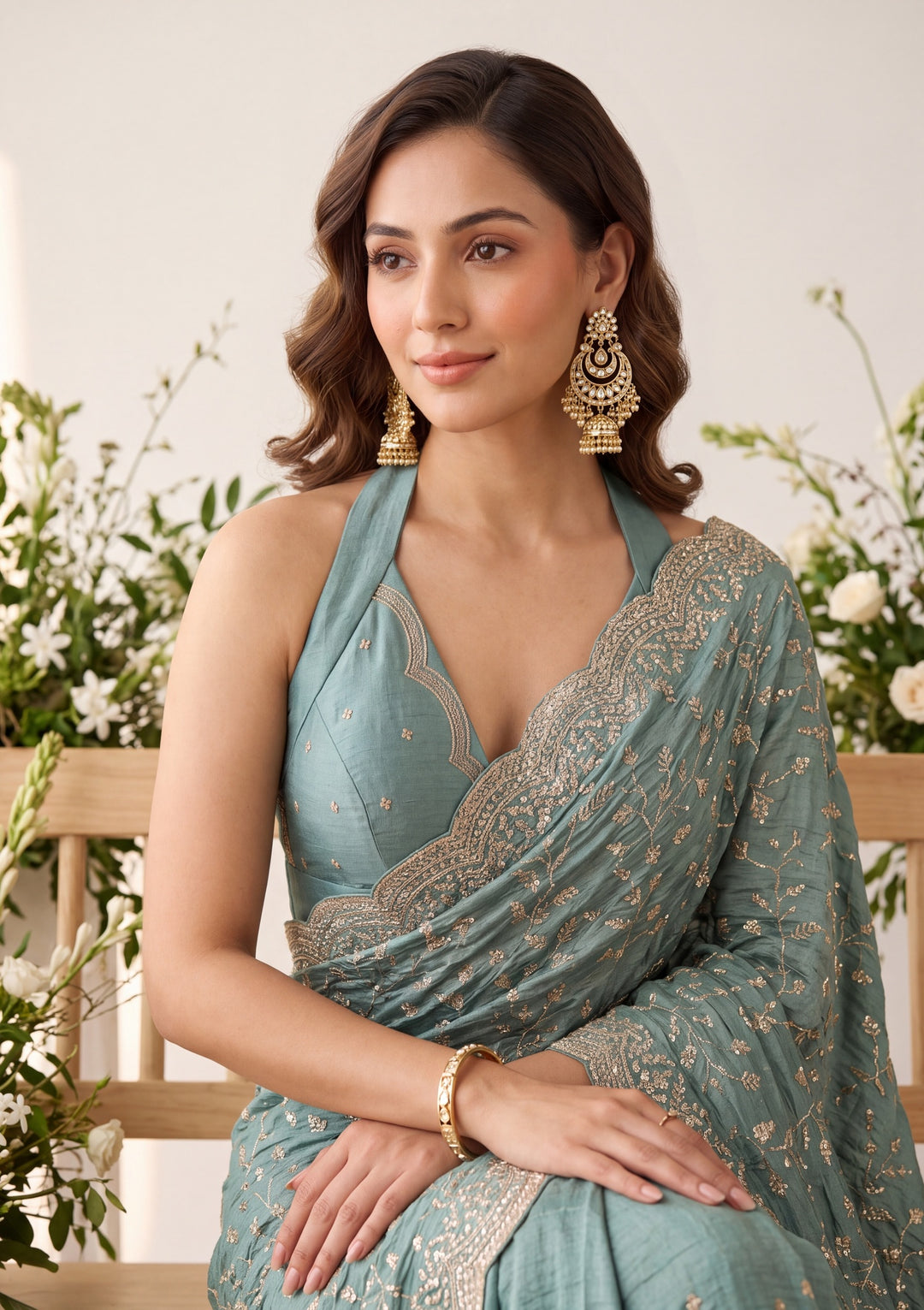 Sea Green Soft Raw Silk Sequins Saree With Matching Blouse Piece