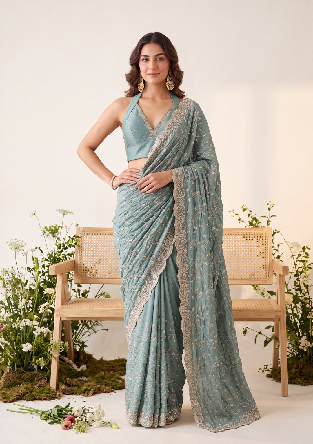 Sea Green Soft Raw Silk Sequins Saree With Matching Blouse Piece