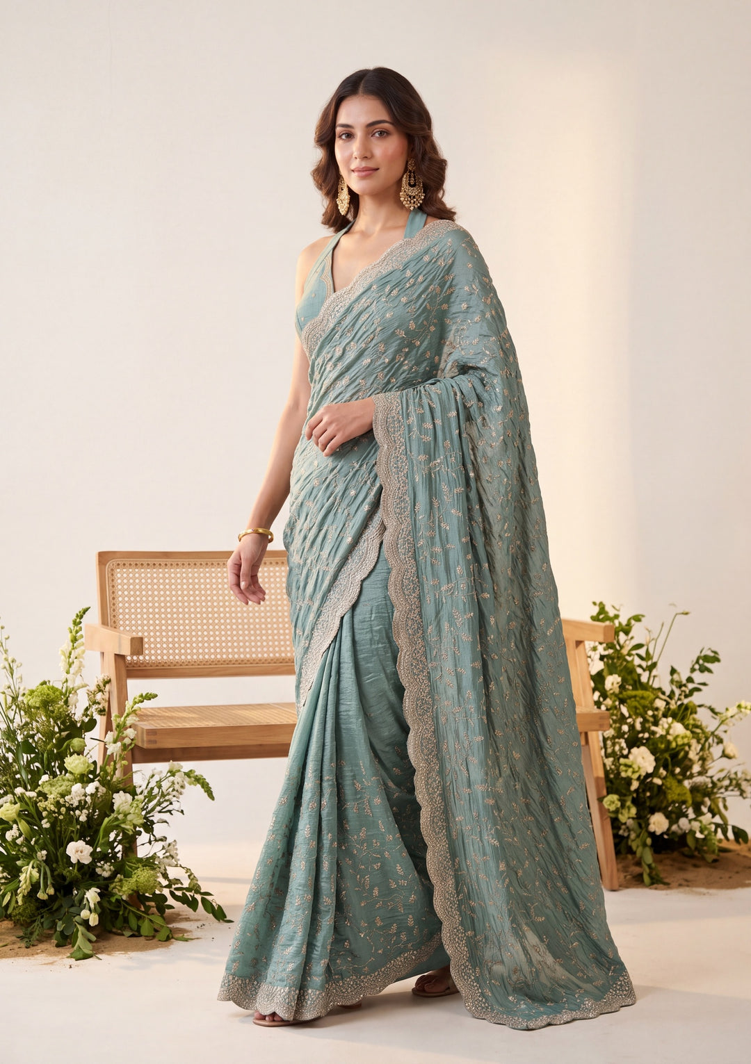 Sea Green Soft Raw Silk Sequins Saree With Matching Blouse Piece