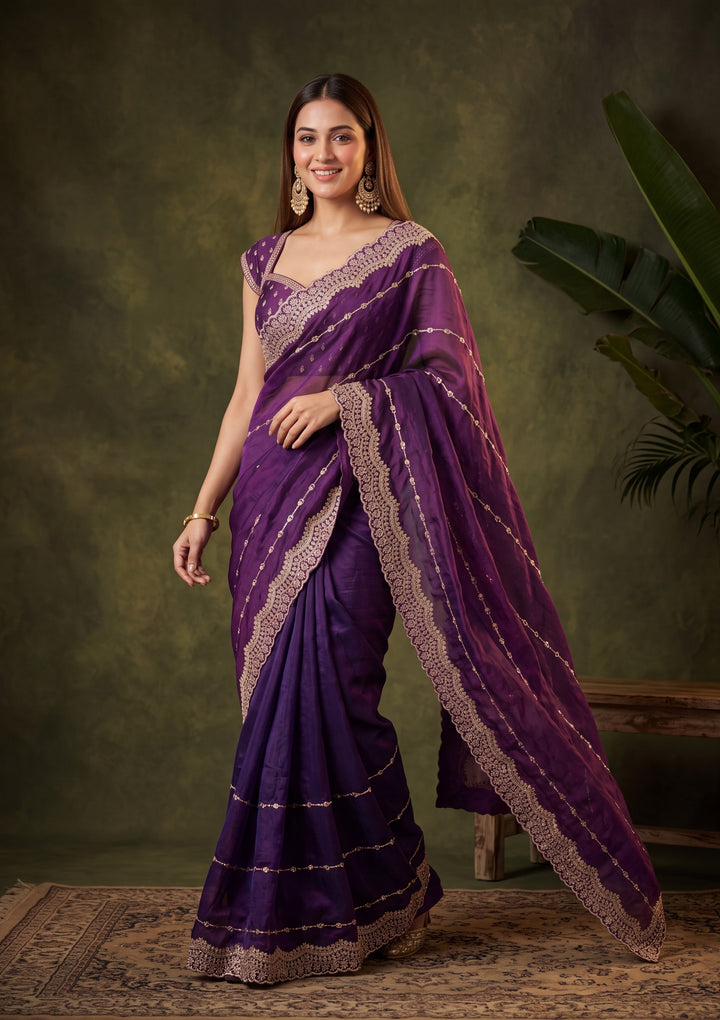Purple Zariwork (Gold) Tissue Saree With Matching Blouse Piece