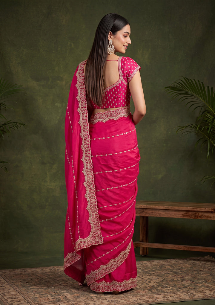 Rani Pink Zariwork (Gold) Tissue Saree With Matching Blouse Piece