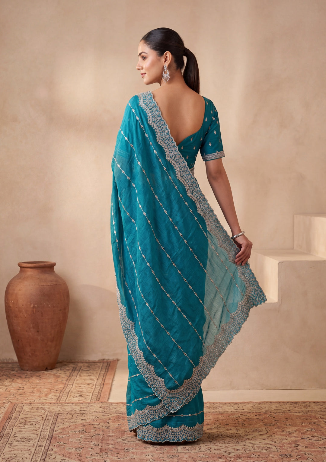 Turquoise Blue Tissue Gold Zariwork Saree With Matching Blouse Piece