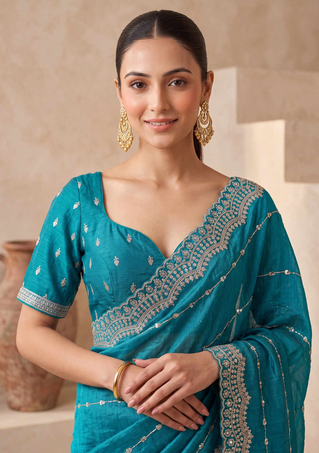 Turquoise Blue Tissue Gold Zariwork Saree With Matching Blouse Piece