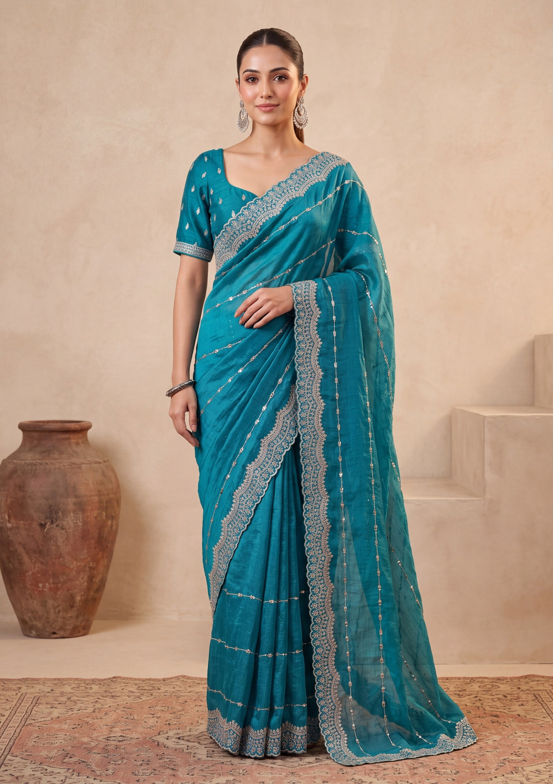 Turquoise Blue Tissue Gold Zariwork Saree With Matching Blouse Piece