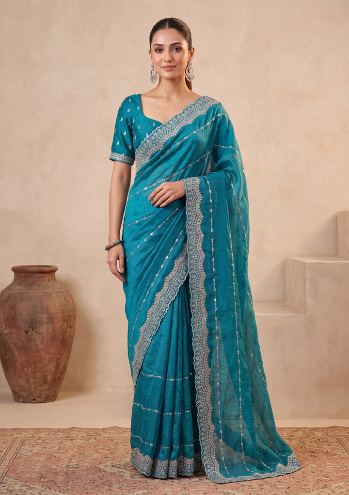 Turquoise Blue Tissue Gold Zariwork Saree With Matching Blouse Piece