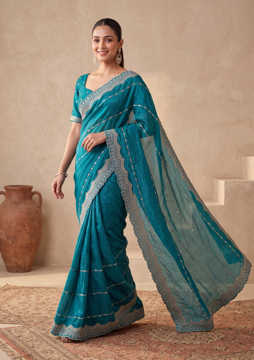 Turquoise Blue Tissue Gold Zariwork Saree With Matching Blouse Piece