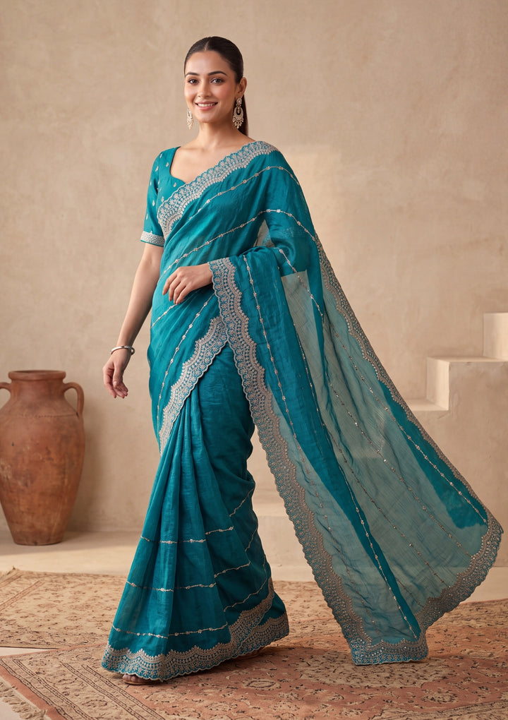 Turquoise Blue Tissue Gold Zariwork Saree With Matching Blouse Piece