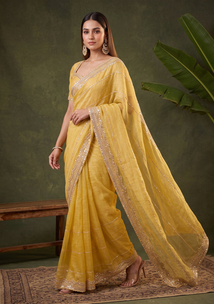 Mustard Yellow Zariwork (Gold) Tissue Saree With Matching Blouse Piece