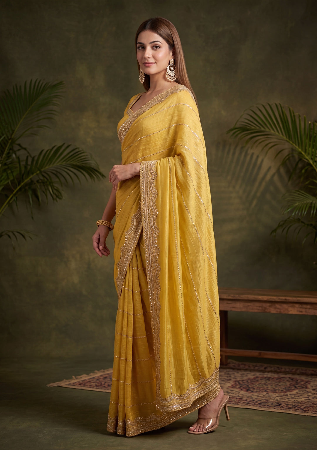 Mustard Yellow Zariwork (Gold) Tissue Saree With Matching Blouse Piece