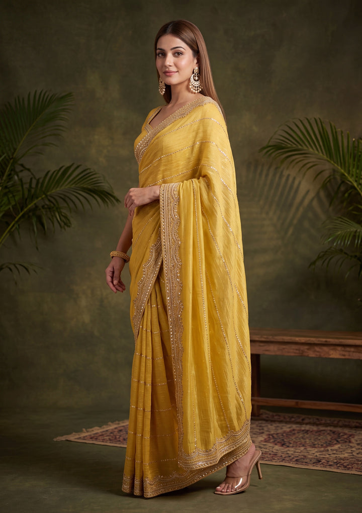 Mustard Yellow Zariwork (Gold) Tissue Saree With Matching Blouse Piece