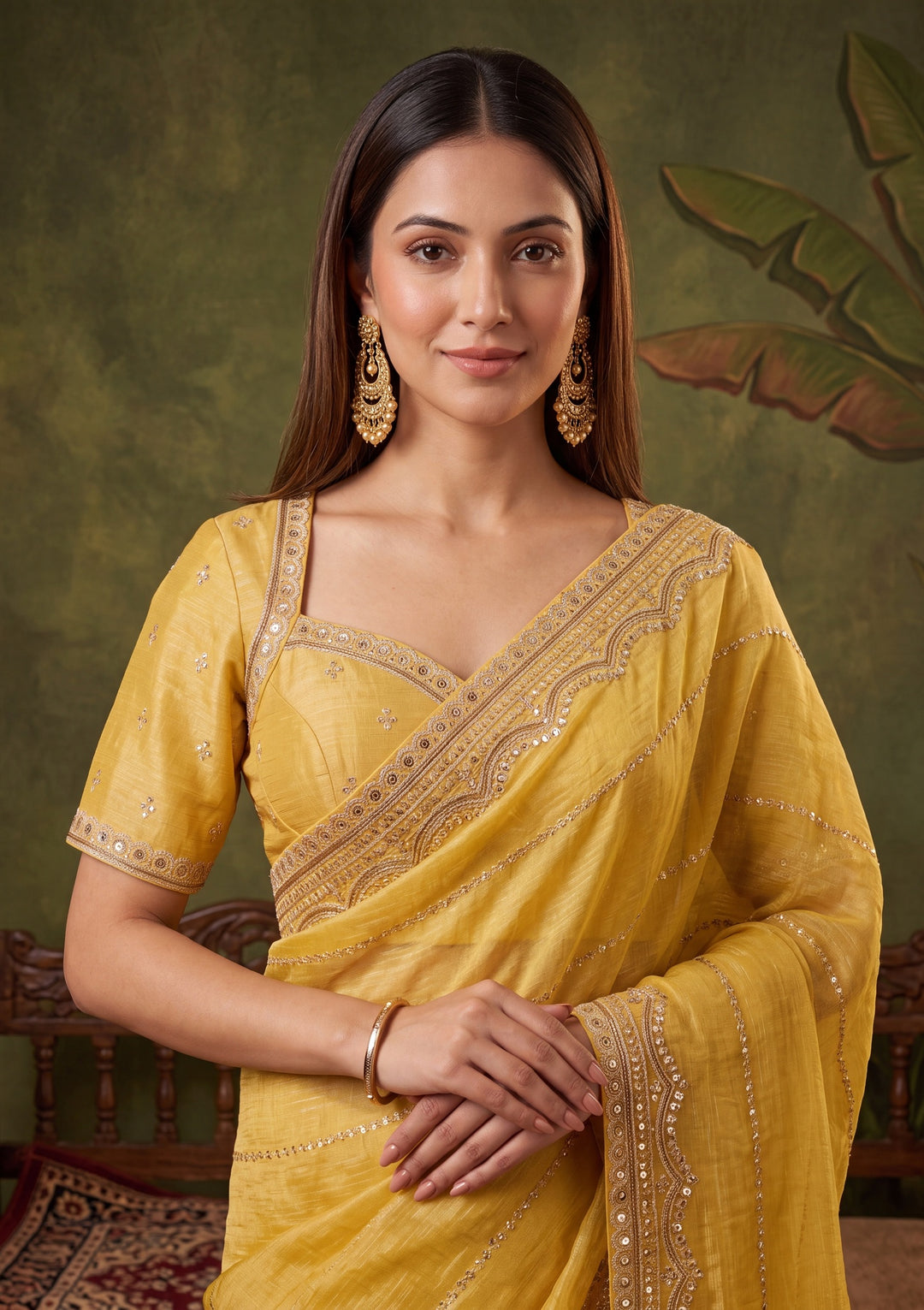 Mustard Yellow Zariwork (Gold) Tissue Saree With Matching Blouse Piece