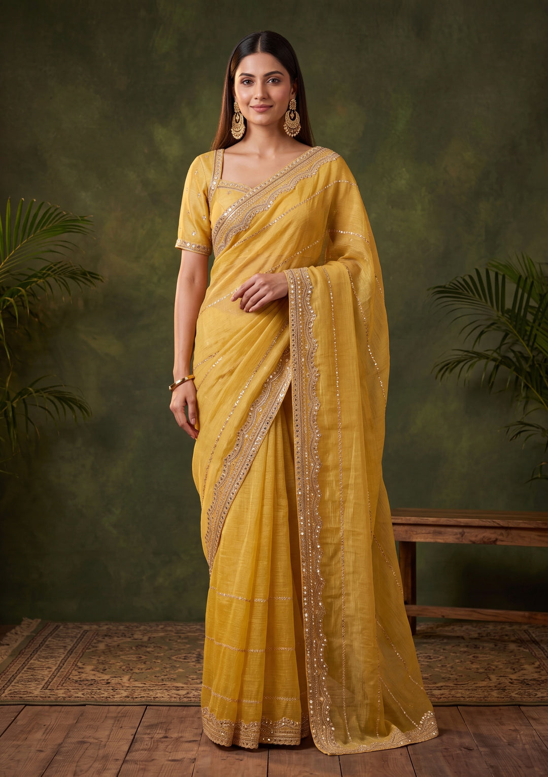 Mustard Yellow Zariwork (Gold) Tissue Saree With Matching Blouse Piece