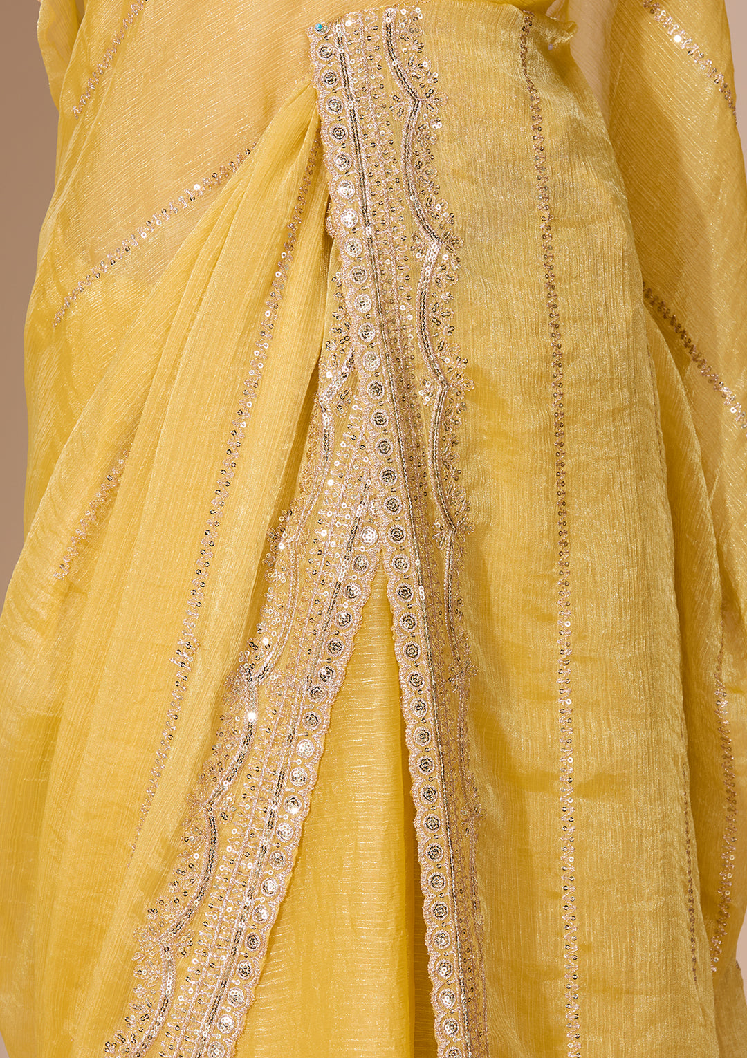 Mustard Yellow Zariwork (Gold) Tissue Saree With Matching Blouse Piece