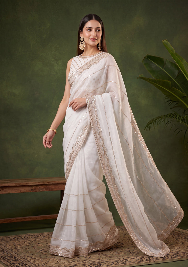 Off White Zariwork (Gold) Tissue Saree With Matching Blouse Piece