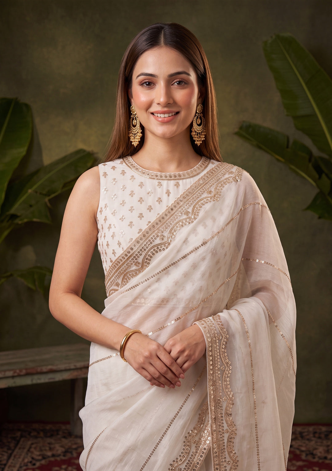 Off White Zariwork (Gold) Tissue Saree With Matching Blouse Piece