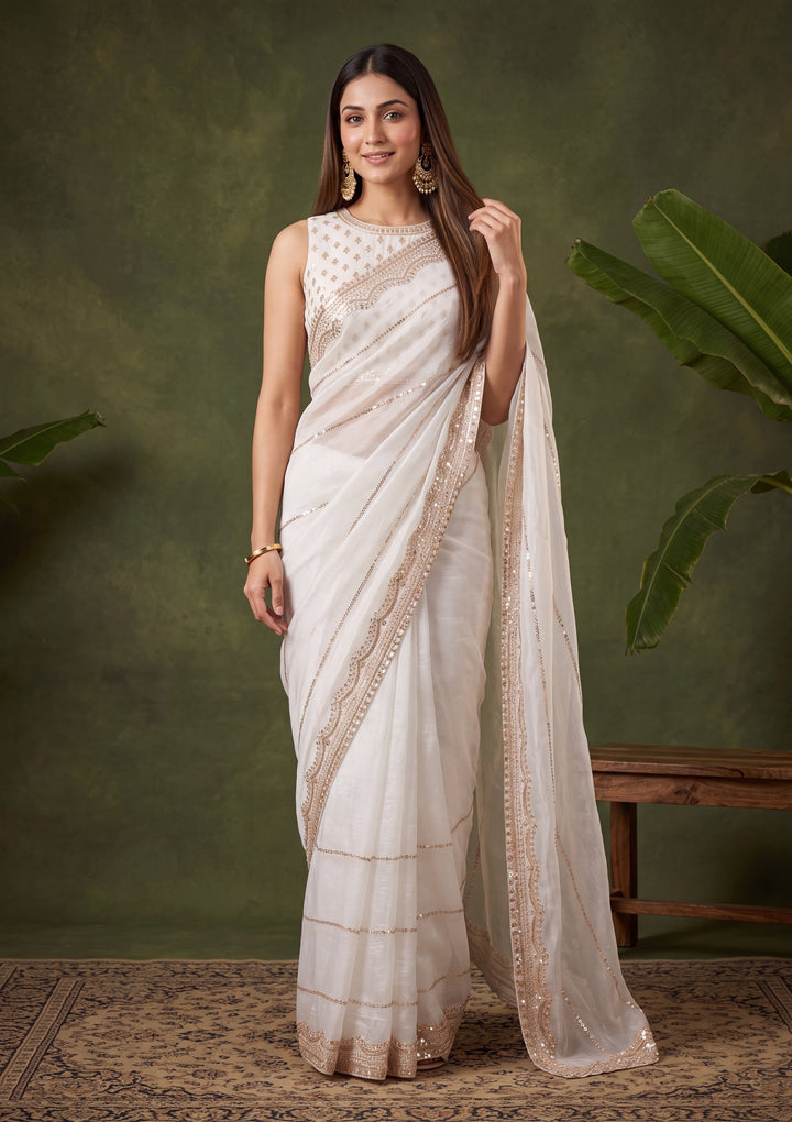 Off White Zariwork (Gold) Tissue Saree With Matching Blouse Piece