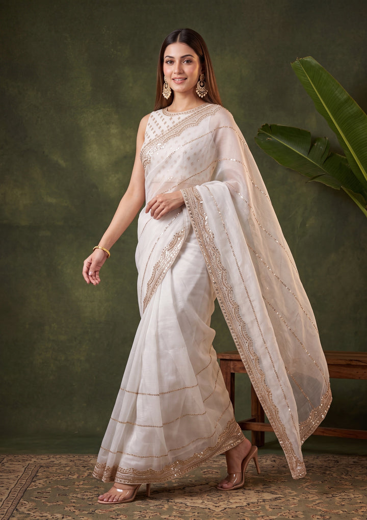 Off White Zariwork (Gold) Tissue Saree With Matching Blouse Piece
